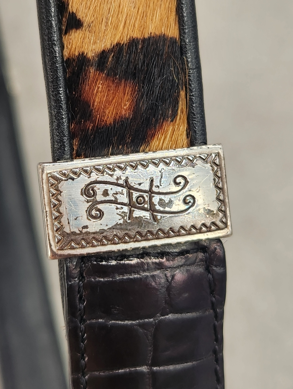 Vintage Brighton Belt Women's 32 Black Leather Colorblock Animal Print Croc - Picture 9 of 13